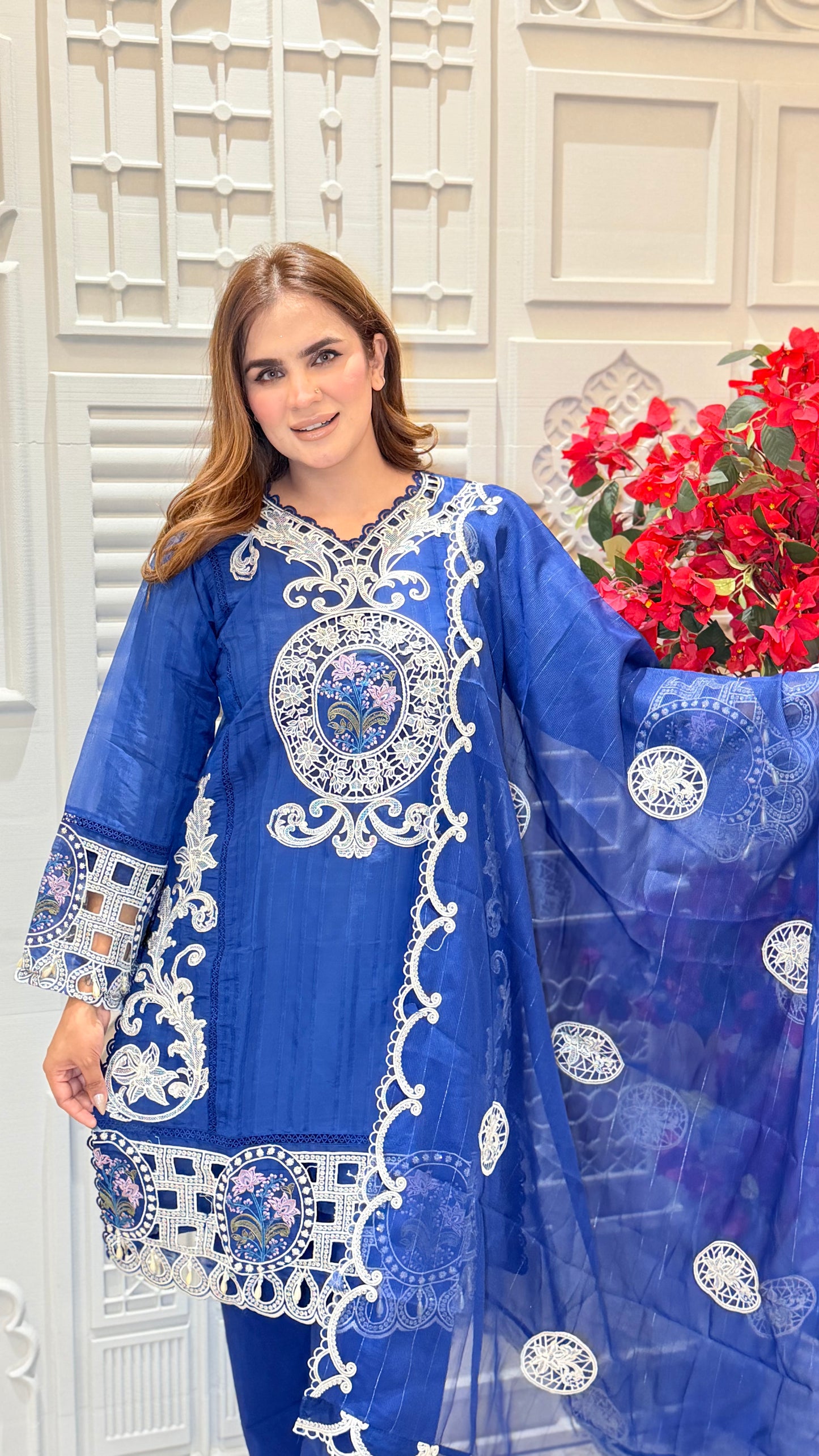 Elegant Kurta Set white floral lace embroidery PC3388