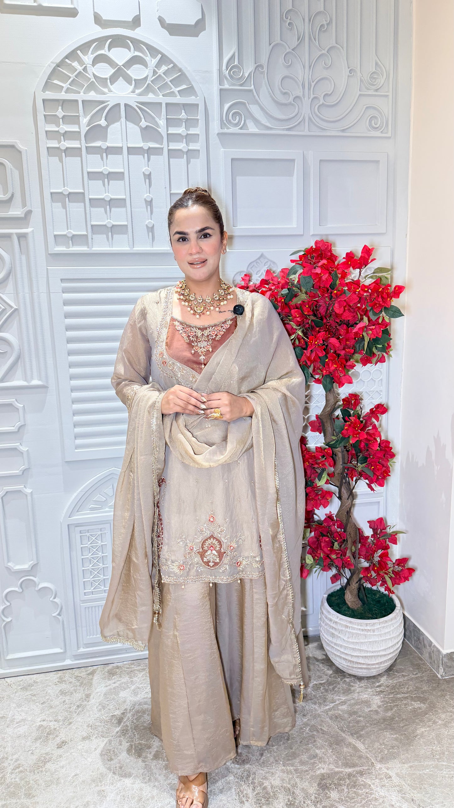 Beautiful Tissue silk embroidered kurta Sharara set with dupatta PC33103