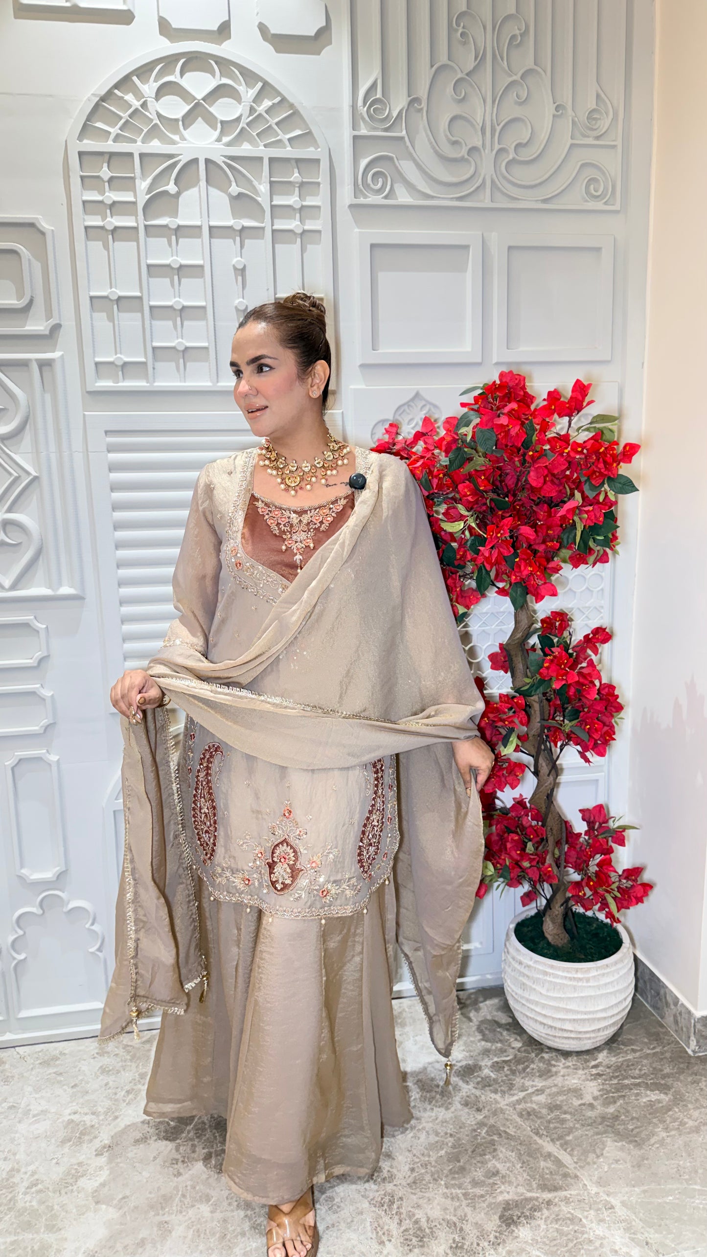 Beautiful Tissue silk embroidered kurta Sharara set with dupatta PC33103