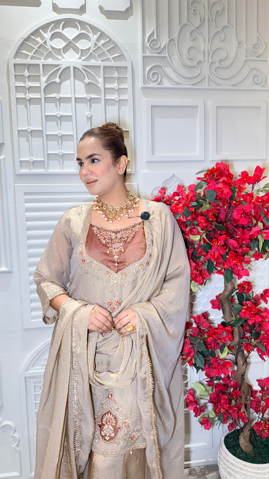 Beautiful Tissue silk embroidered kurta Sharara set with dupatta PC33103