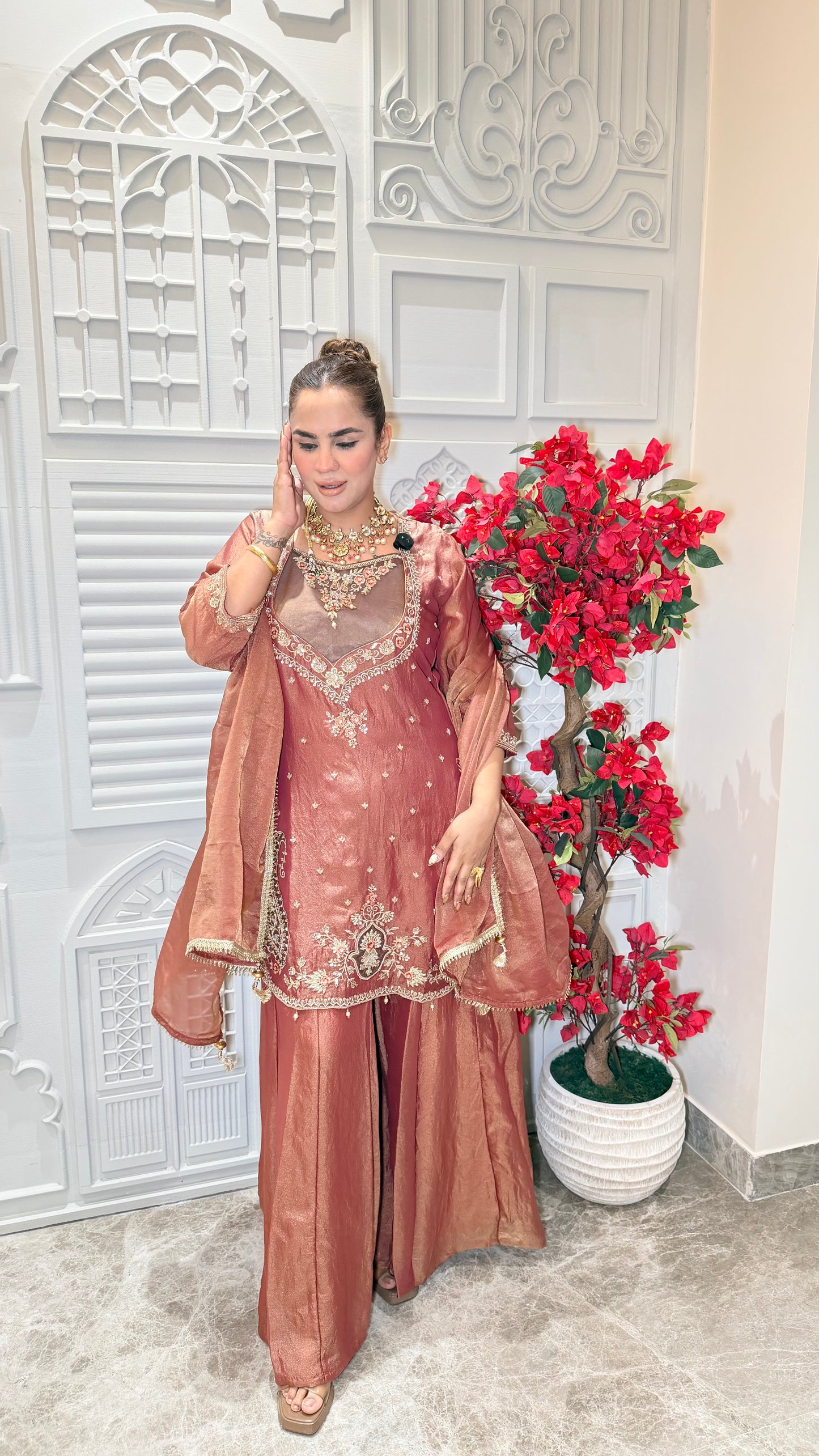 Beautiful Tissue silk embroidered kurta Sharara set with dupatta PC33103