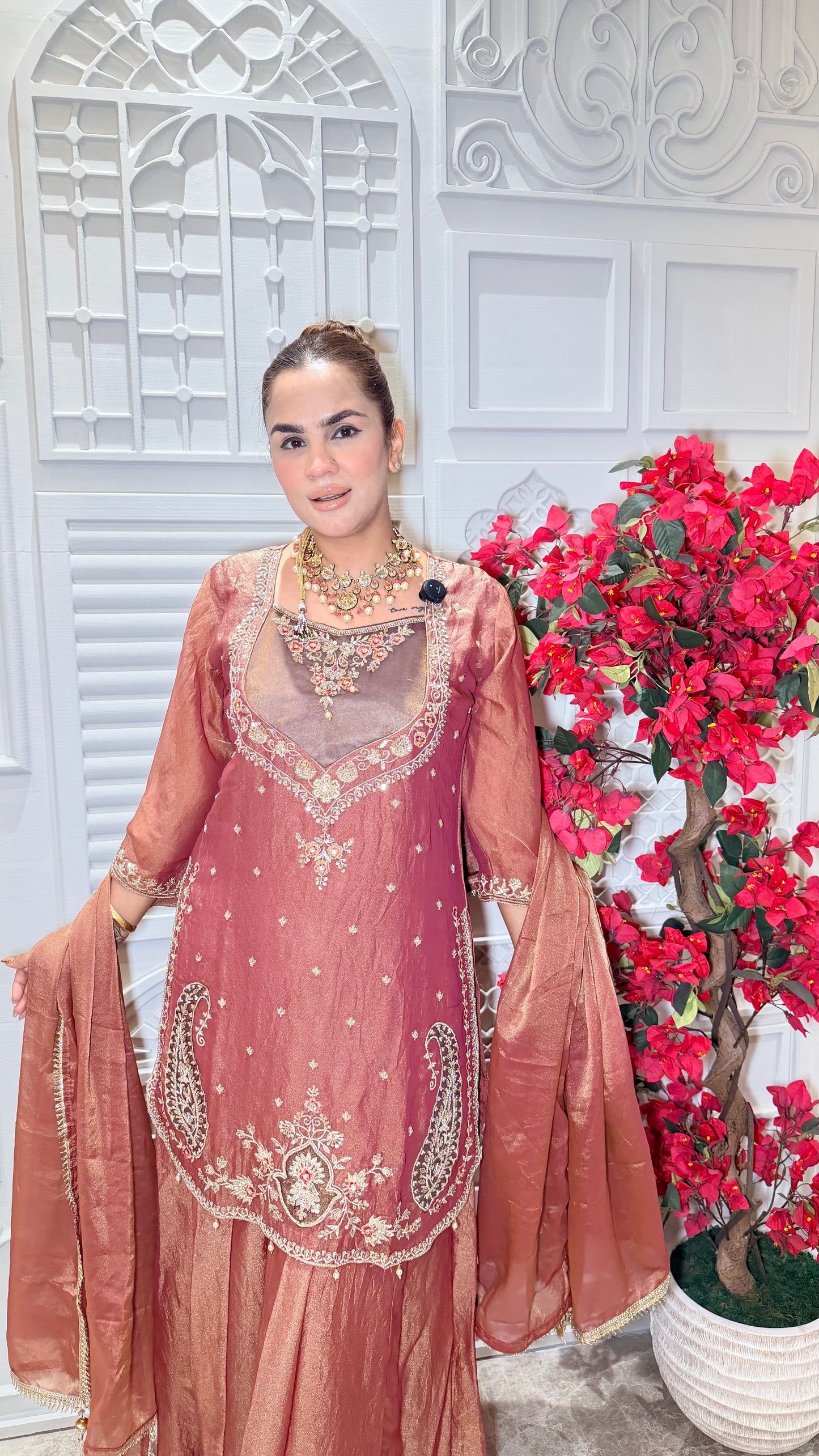 Beautiful Tissue silk embroidered kurta Sharara set with dupatta PC33103