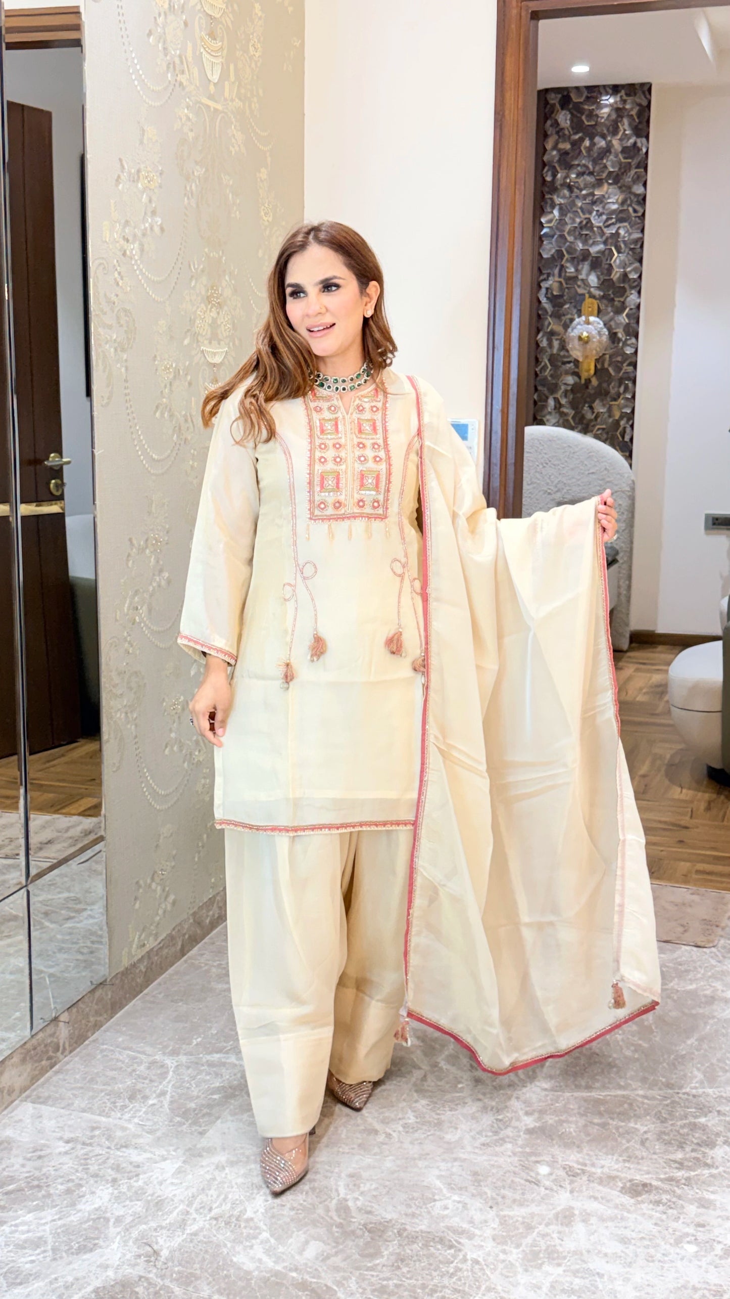 Elegant Suit With Lace Work On Dupatta PC3410