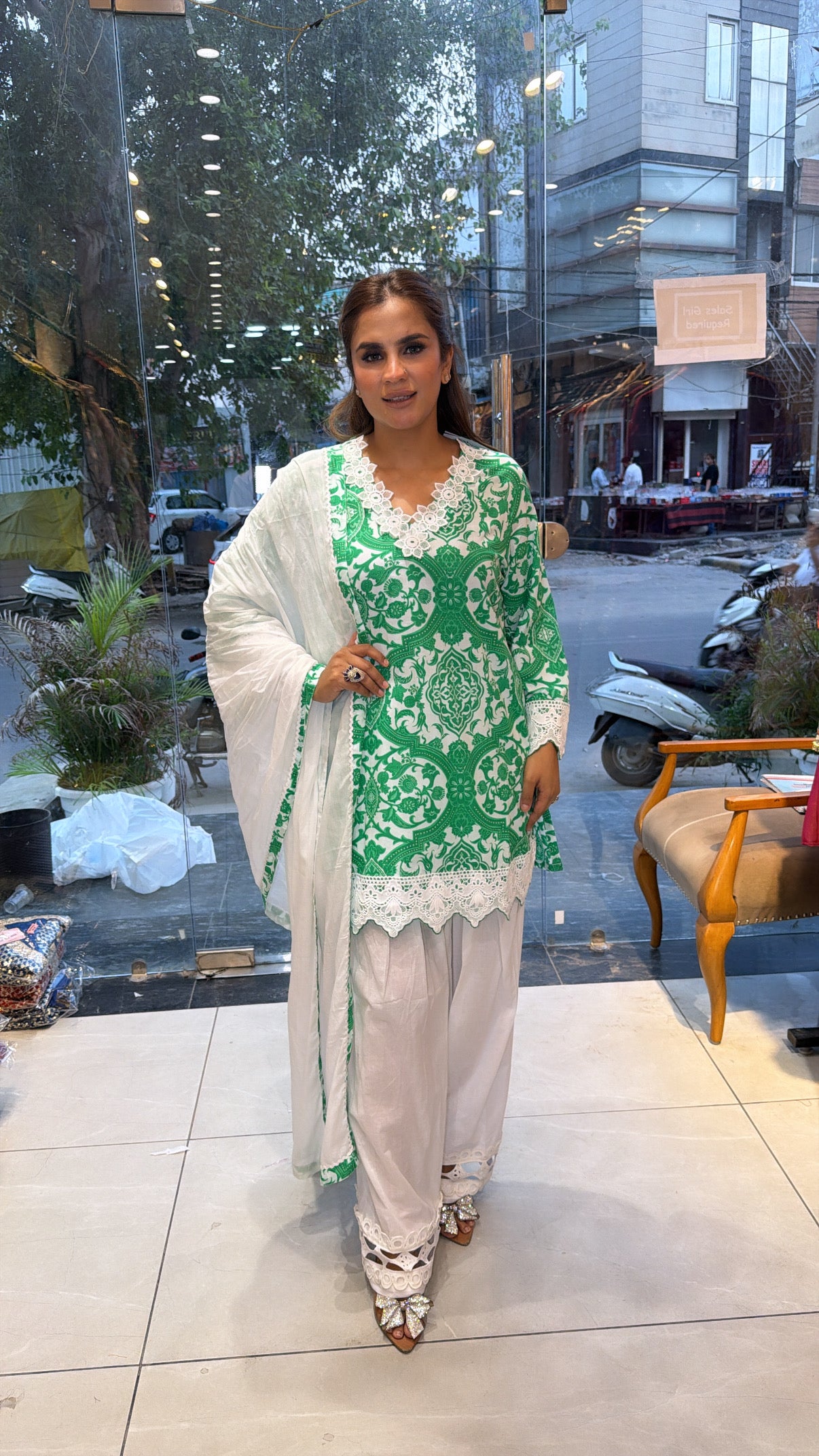 Elegant white and green embroidered with V-neck kurta set PC3419