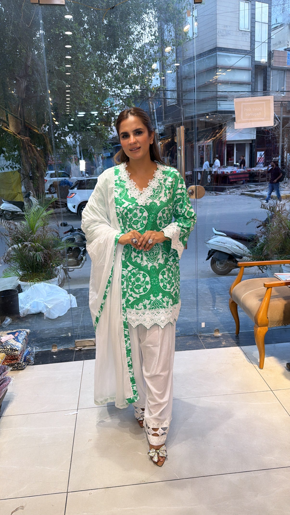 Elegant white and green embroidered with V-neck kurta set PC3419