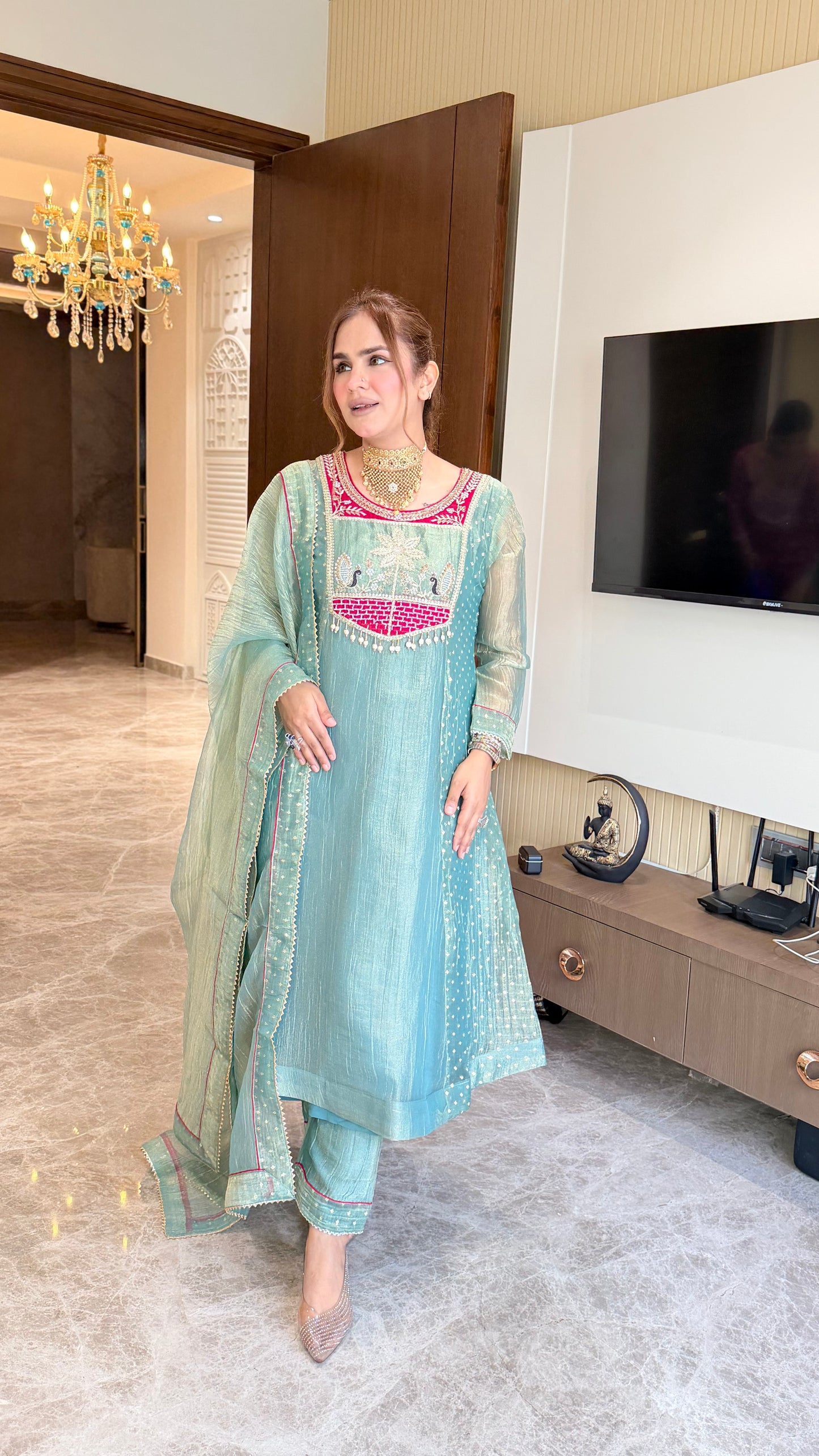 Beautiful spun silk patchwork kurta set PC3437