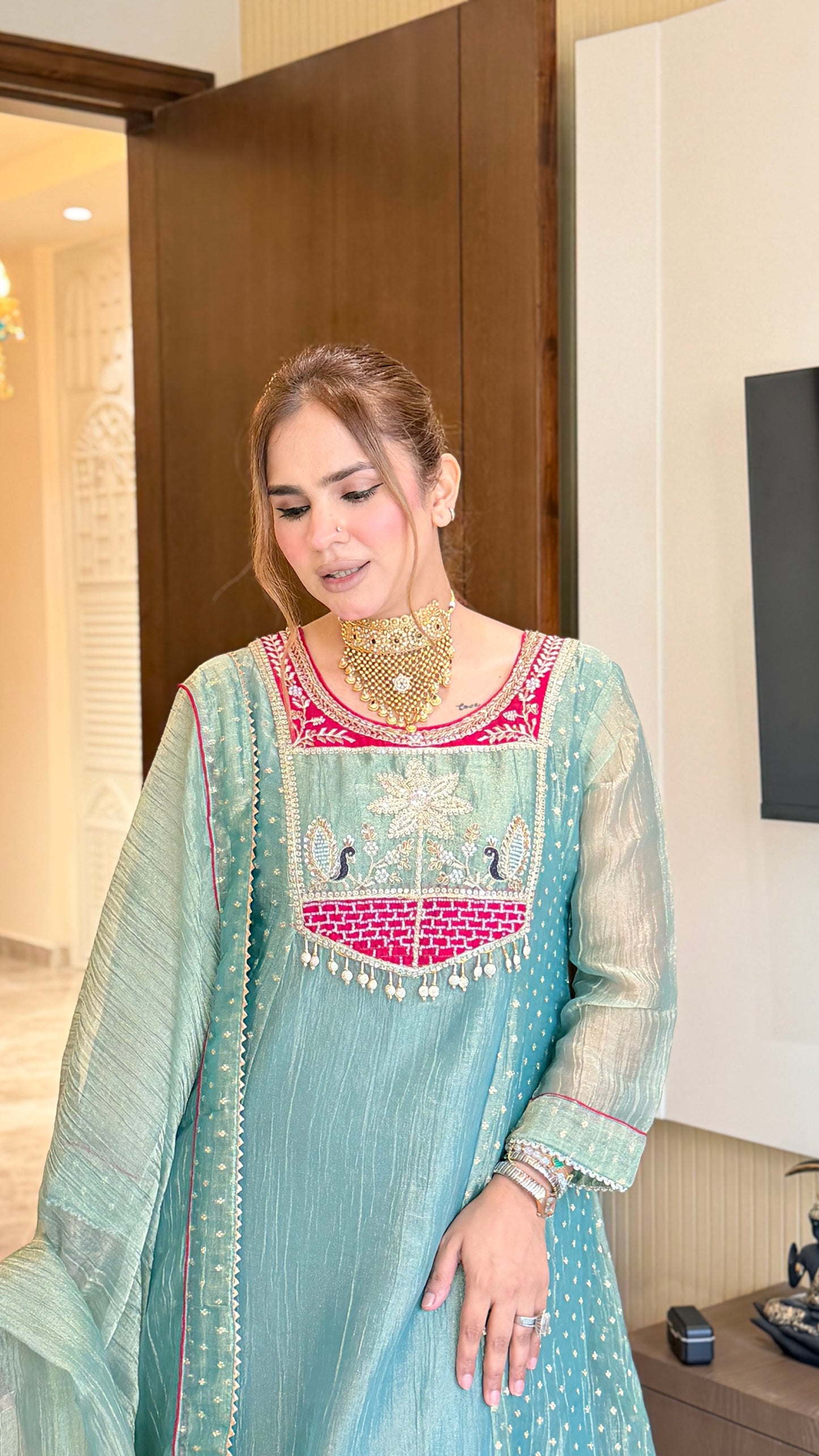 Beautiful spun silk patchwork kurta set PC3437