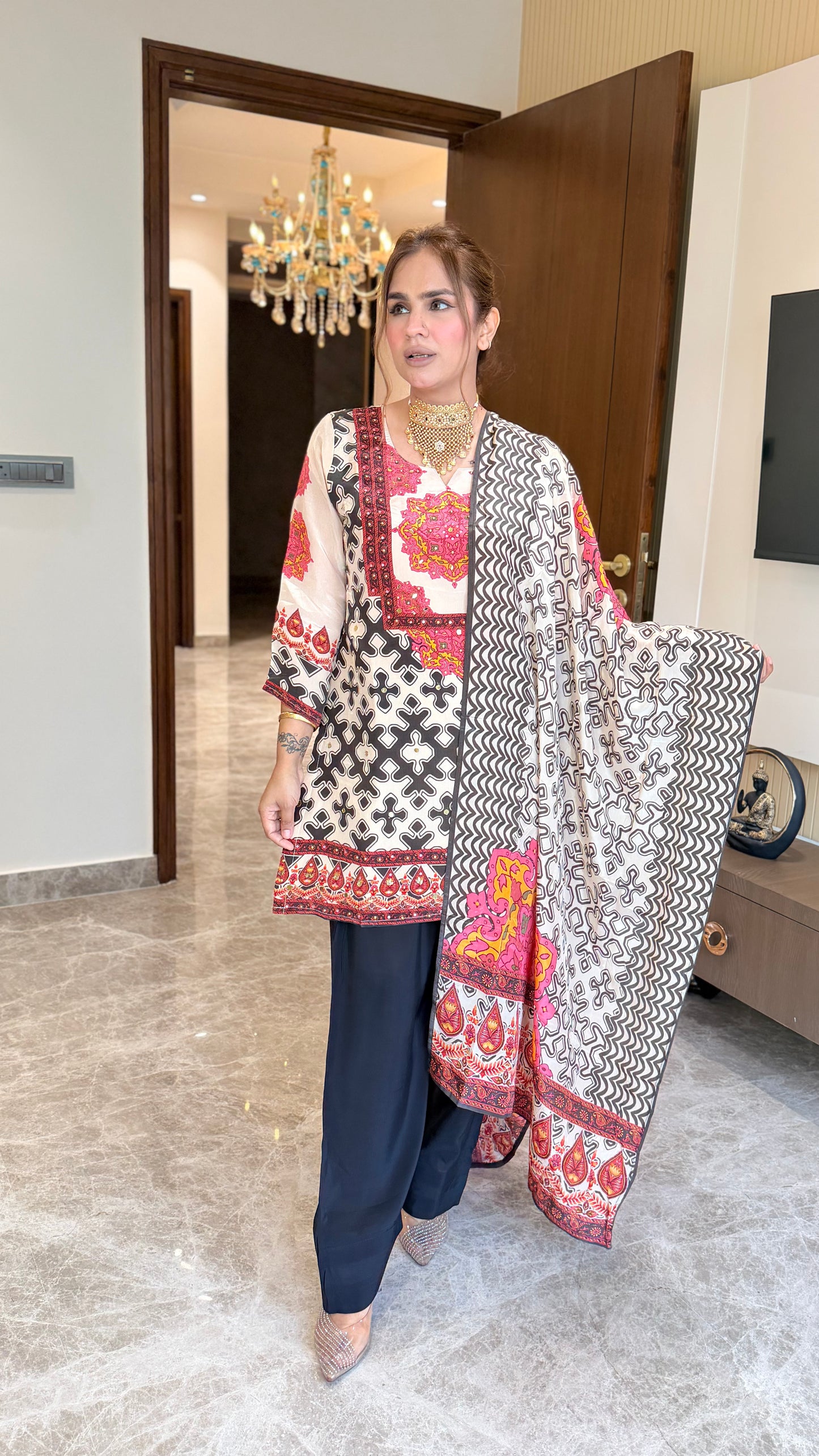 Elegant cream and black printed farshi suit set PC3444