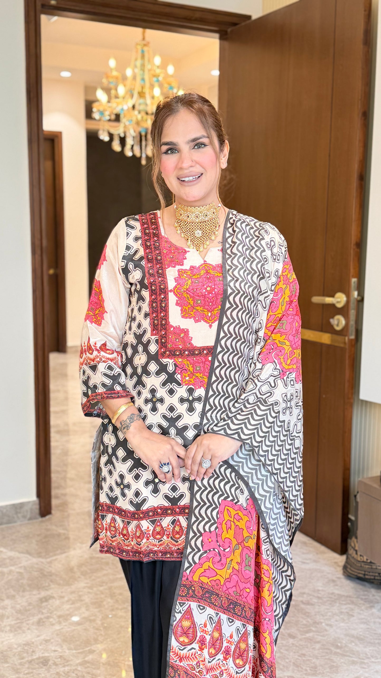 Elegant cream and black printed farshi suit set PC3444