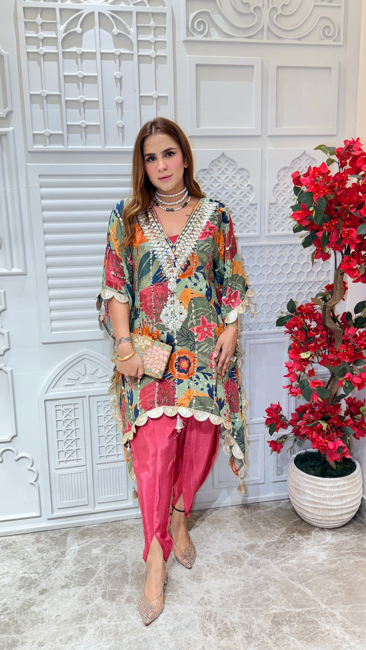 Beautiful Green floral print kaftan set PC3454