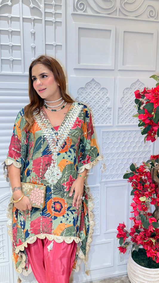 Beautiful Green floral print kaftan set PC3454