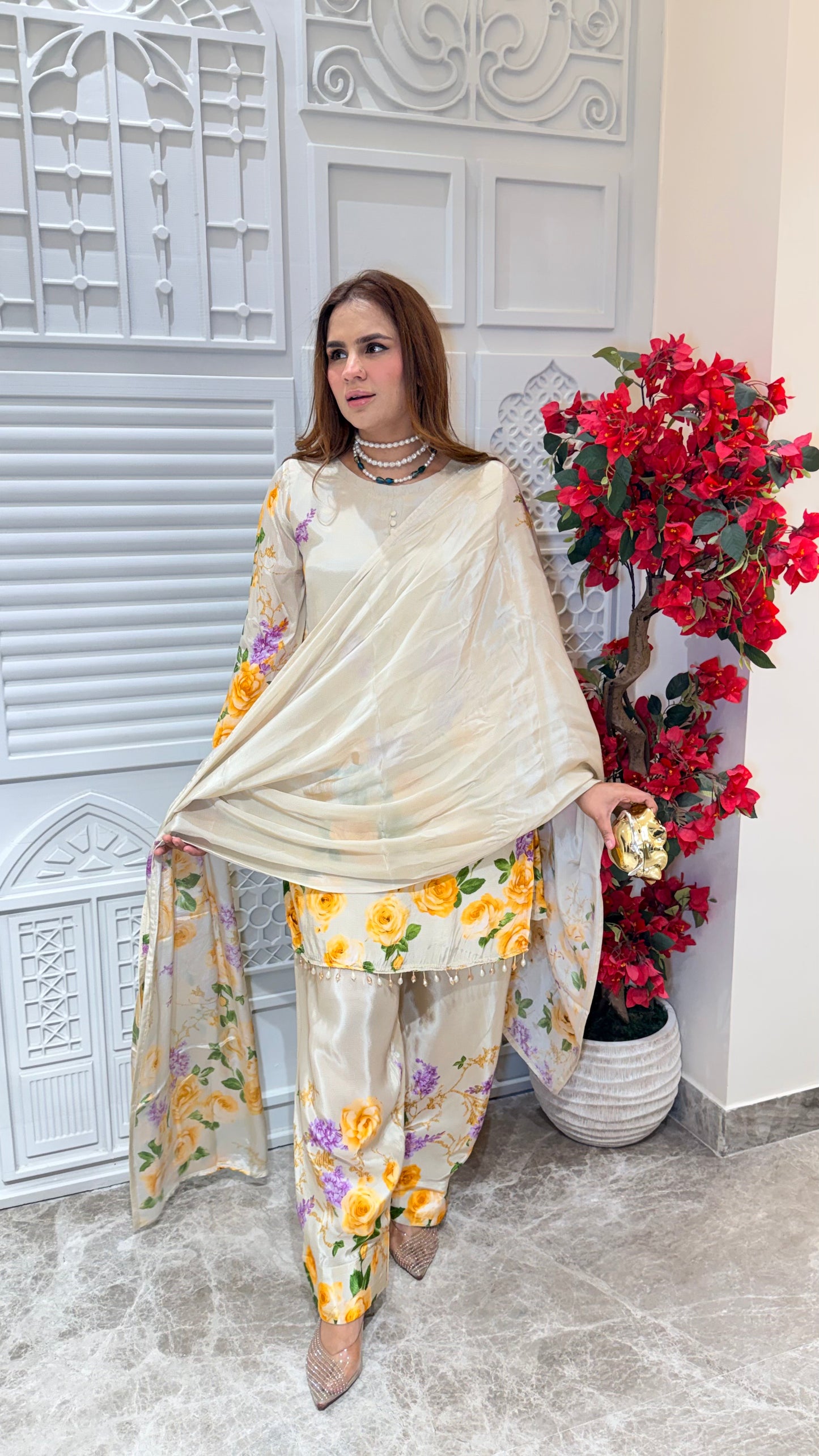Elegant Cream floral printed cotton suit PC3456