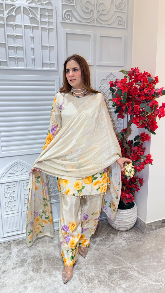 Elegant Cream floral printed cotton suit PC3456