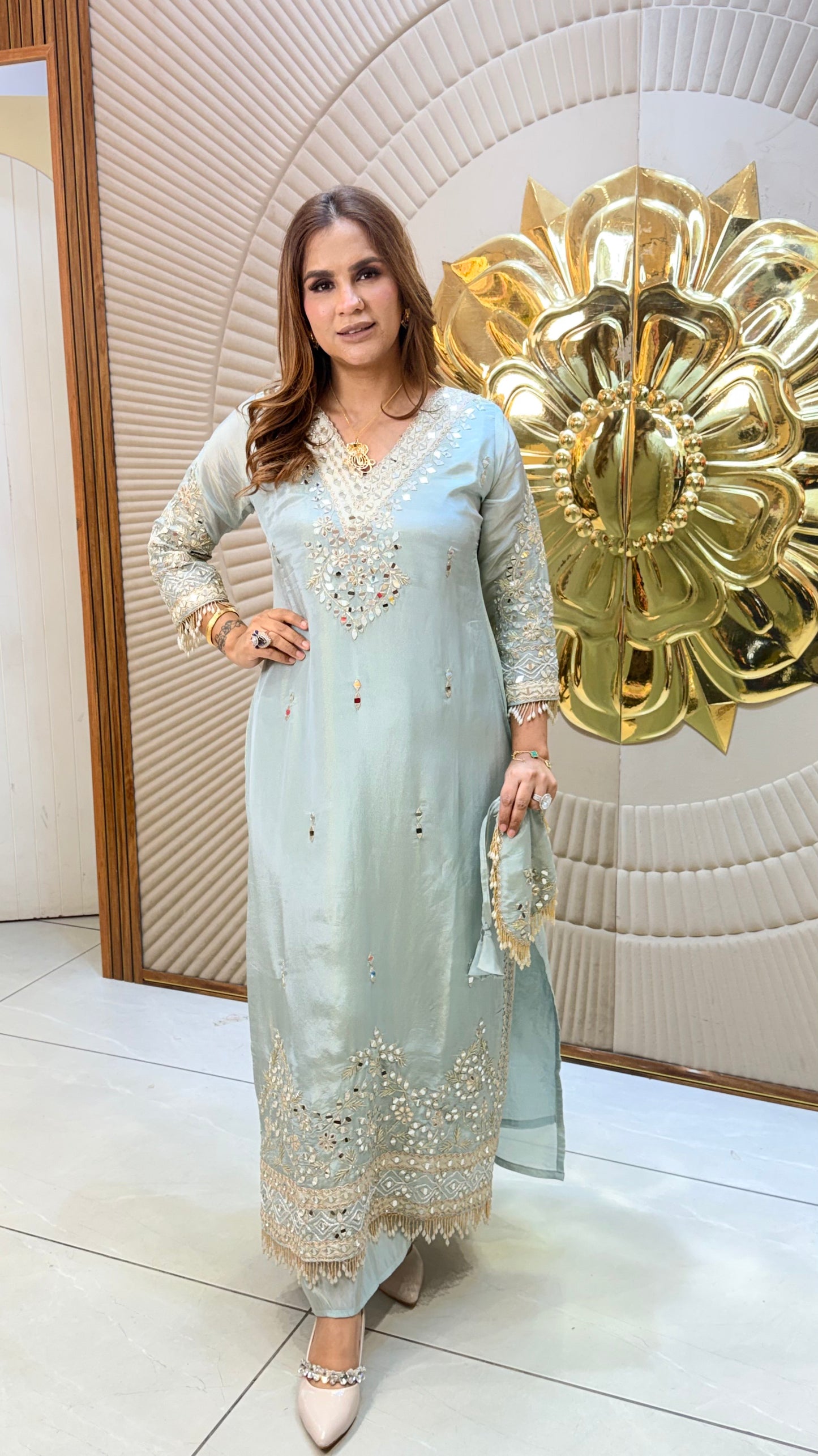 Beautiful Icy blue glass tissue silk long kurta set PC3463