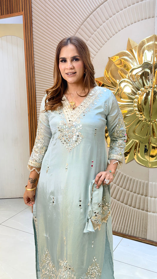 Beautiful Icy blue glass tissue silk long kurta set PC3463