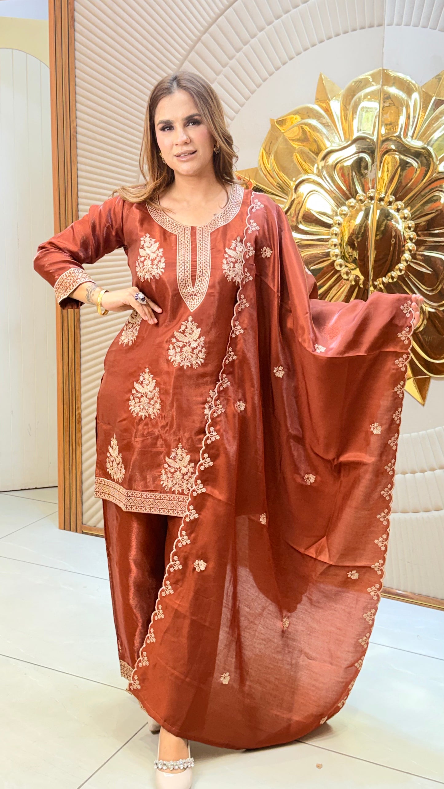Beautiful Rust-colored tissue-silk ethnic suit set PC3464