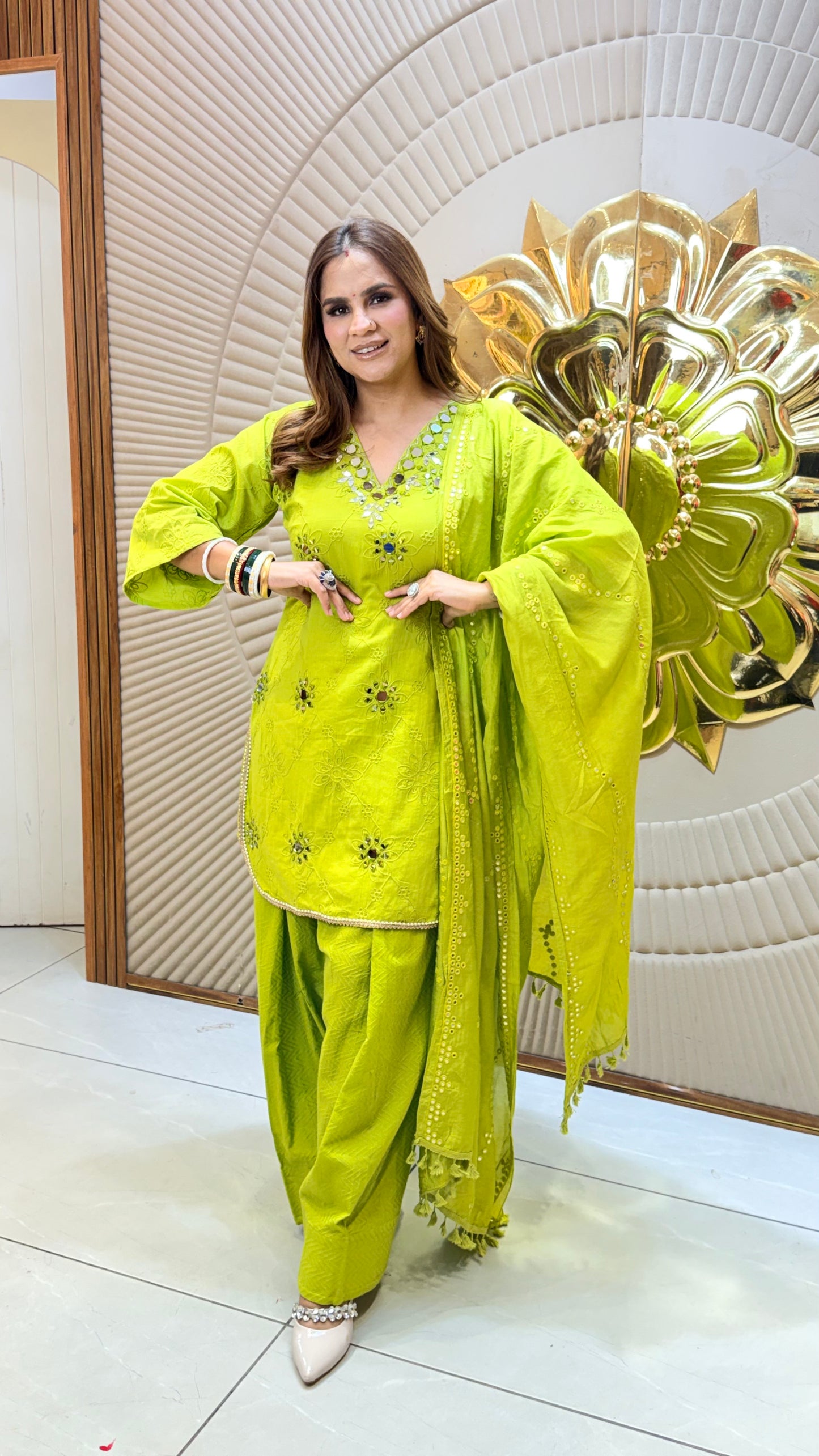 Beautiful lime-green embroidered kurta set PC3465