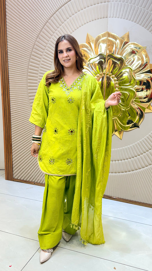 Beautiful lime-green embroidered kurta set PC3465