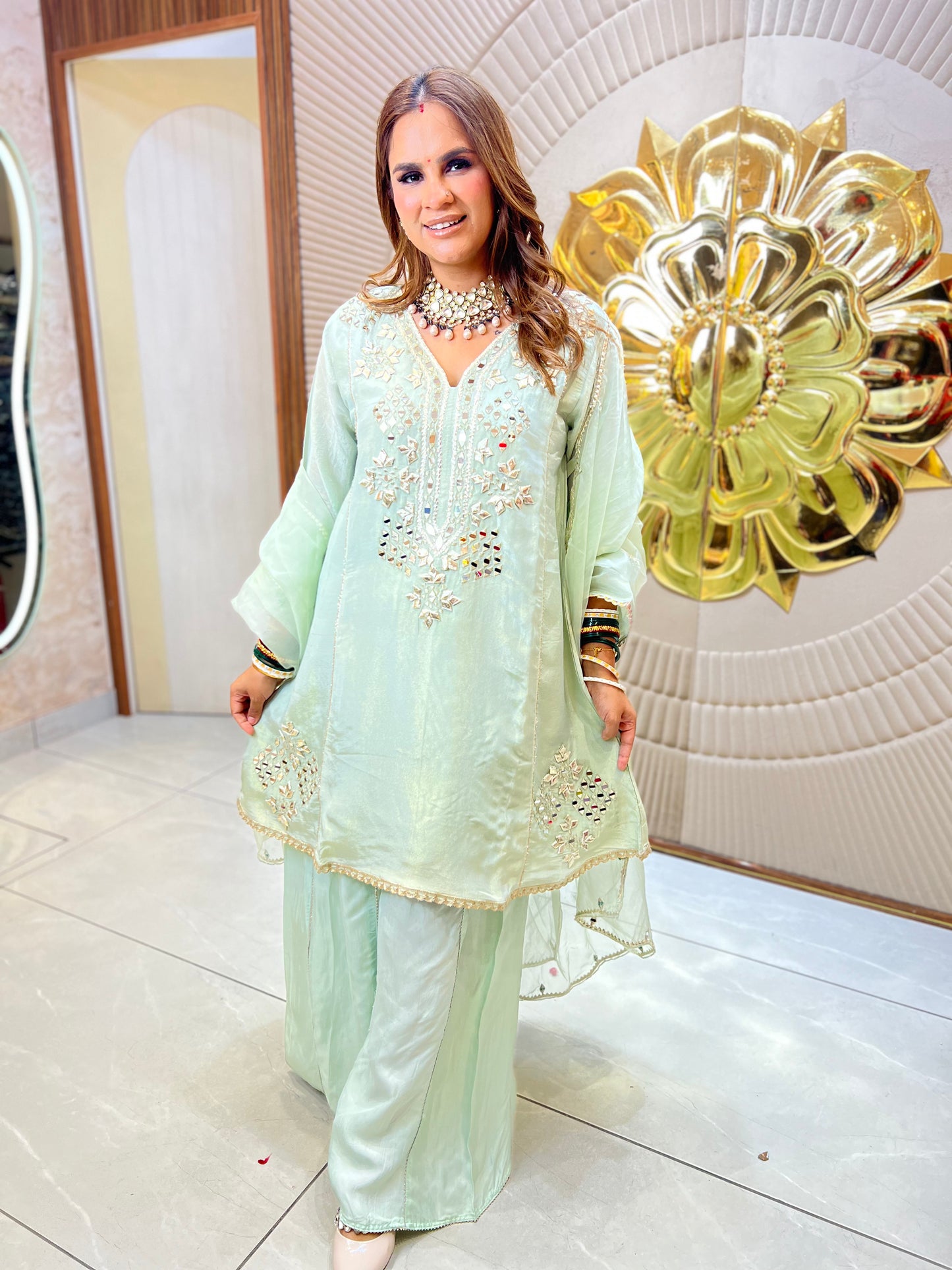 Beautiful mint green, short-kurta and palazzo set PC3467