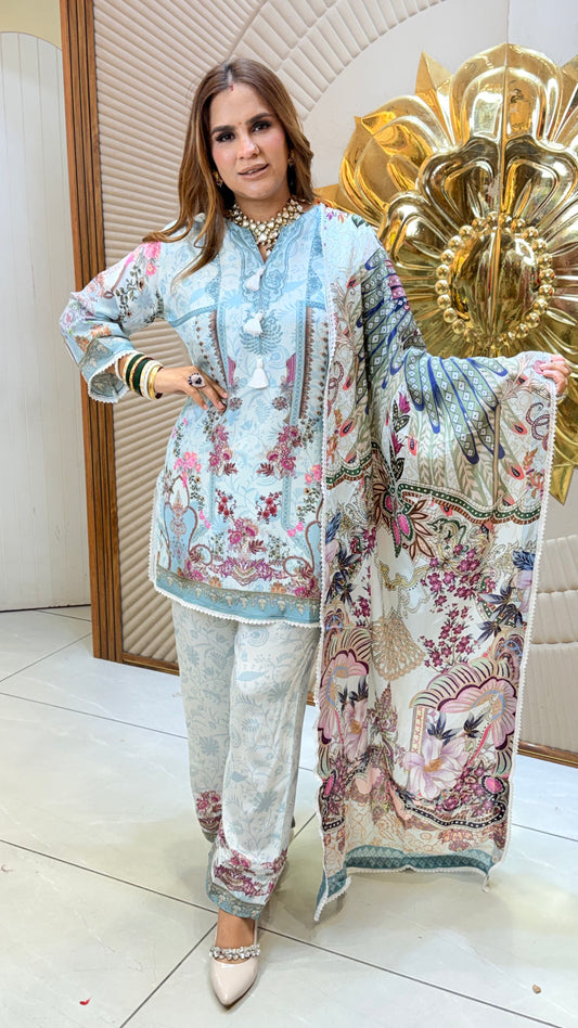 Beautiful light blue floral-print Pakistani lawn suit PC3468