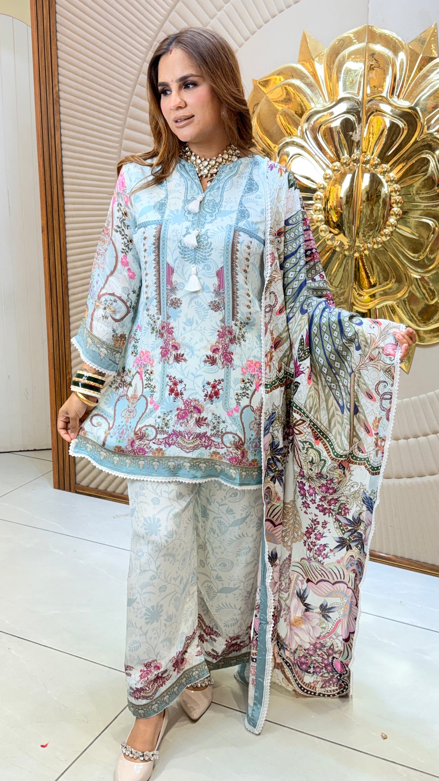 Beautiful light blue floral-print Pakistani lawn suit PC3468
