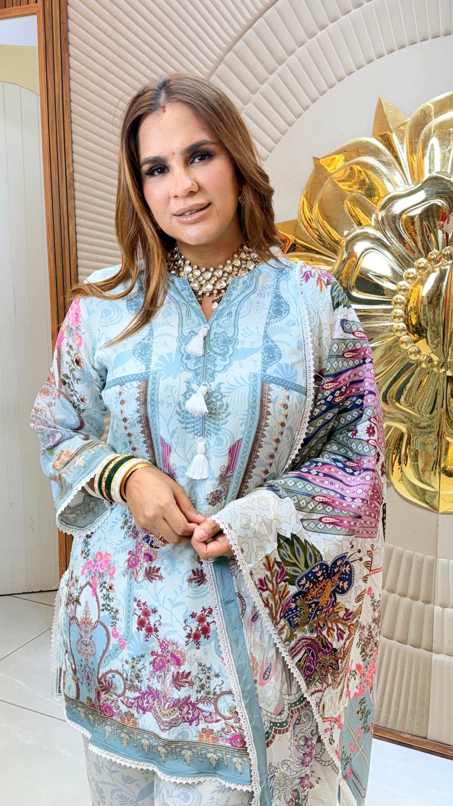 Beautiful light blue floral-print Pakistani lawn suit PC3468