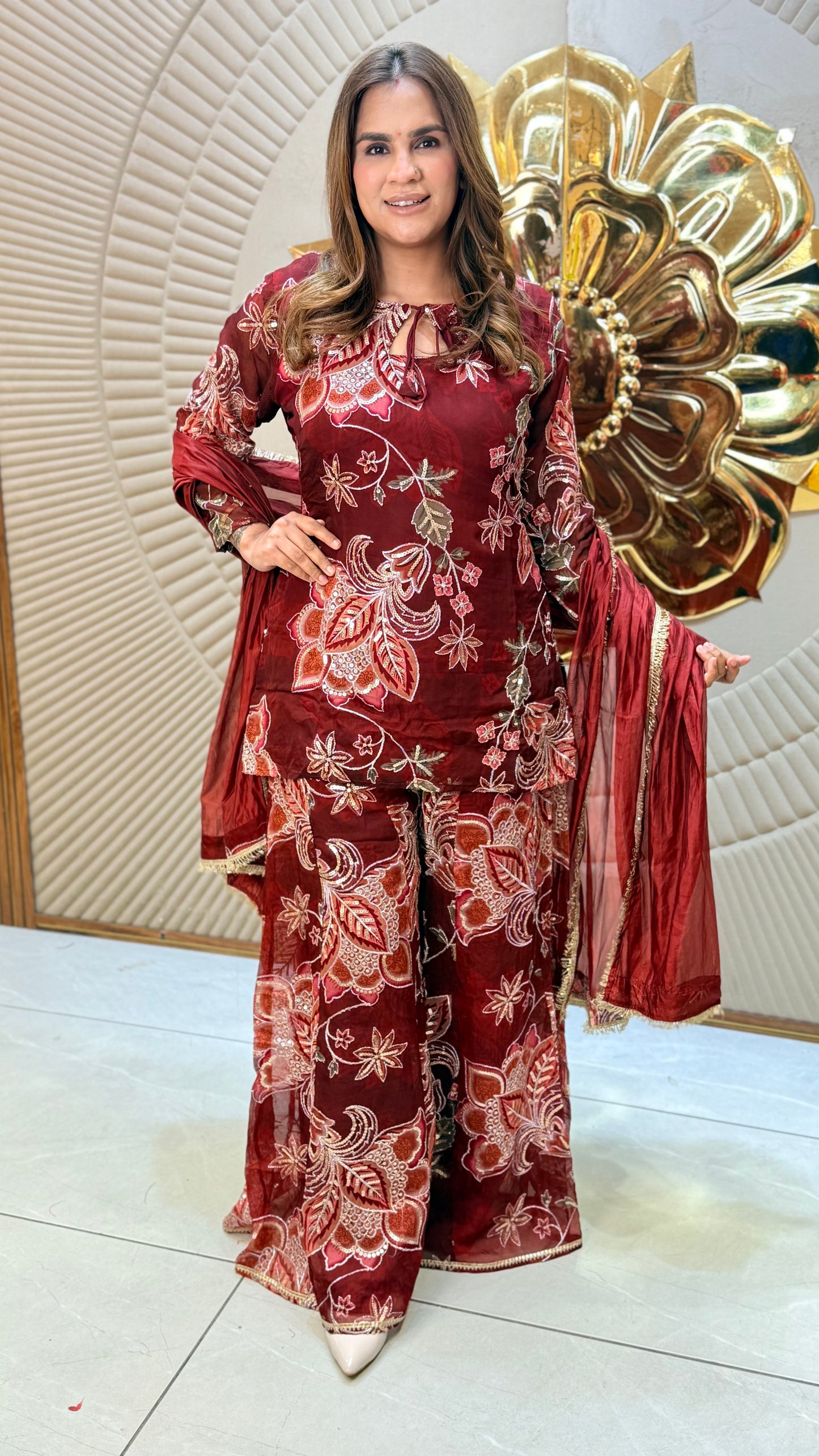Beautiful floral printed organza tunic and palazzo set PC3471