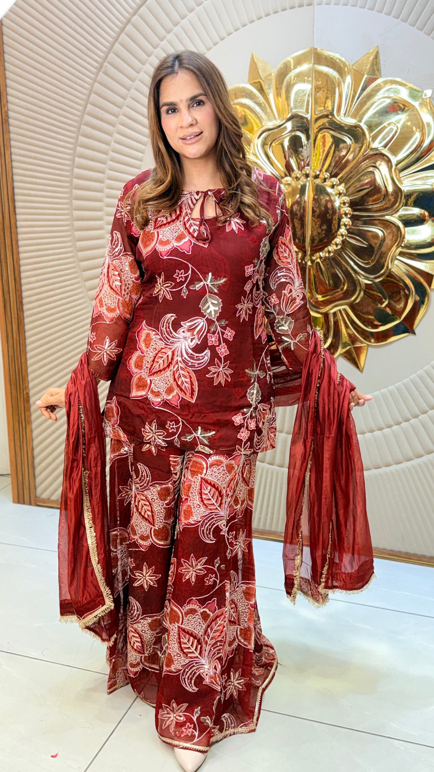 Beautiful floral printed organza tunic and palazzo set PC3471