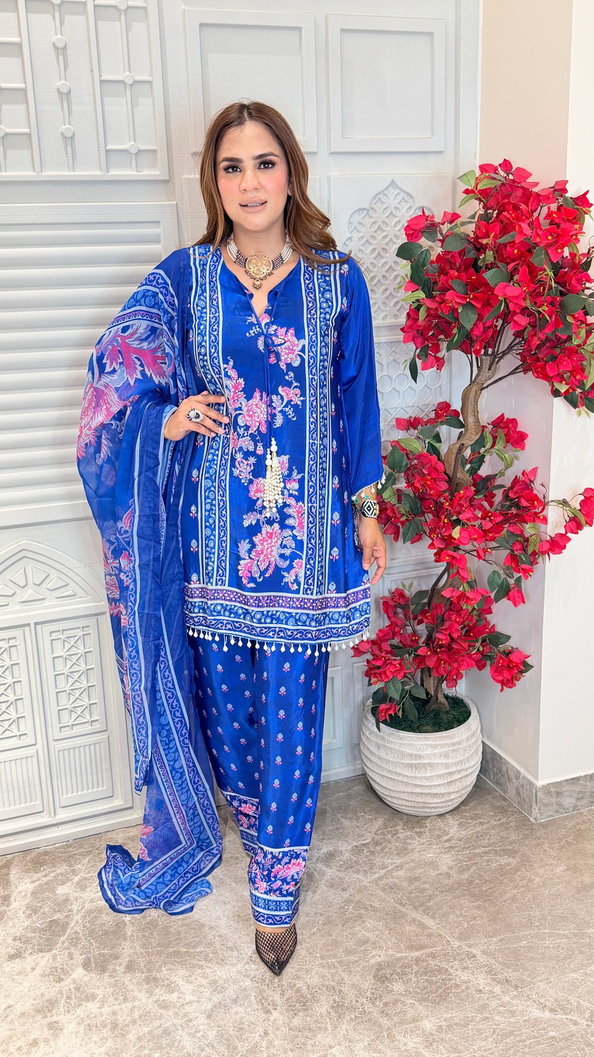 Elegant Royal blue printed pure crepe three-piece suit PC3499
