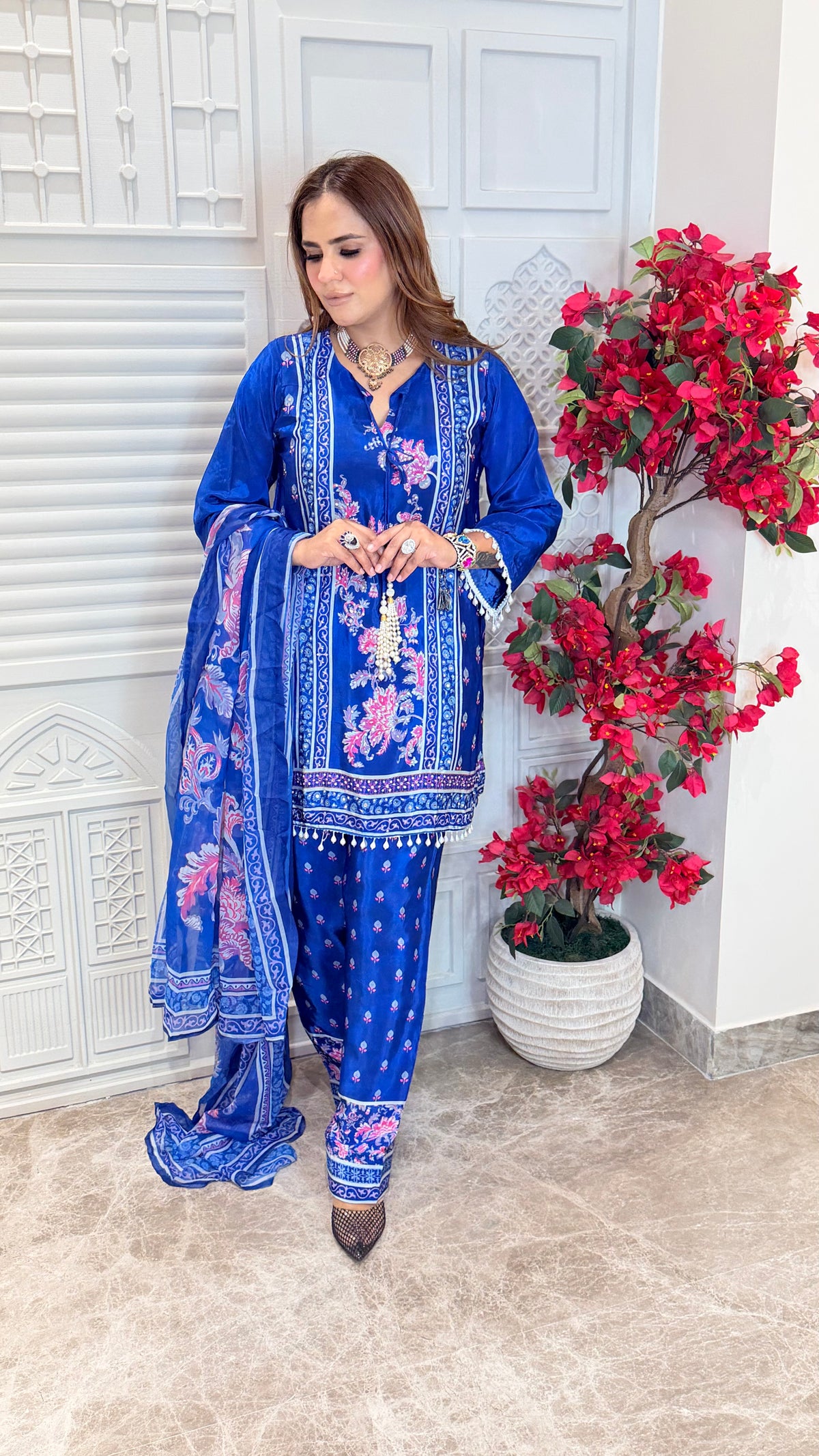 Elegant Royal blue printed pure crepe three-piece suit PC3499
