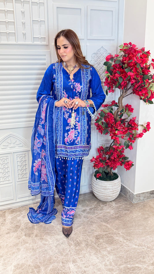 Elegant Royal blue printed pure crepe three-piece suit PC3499