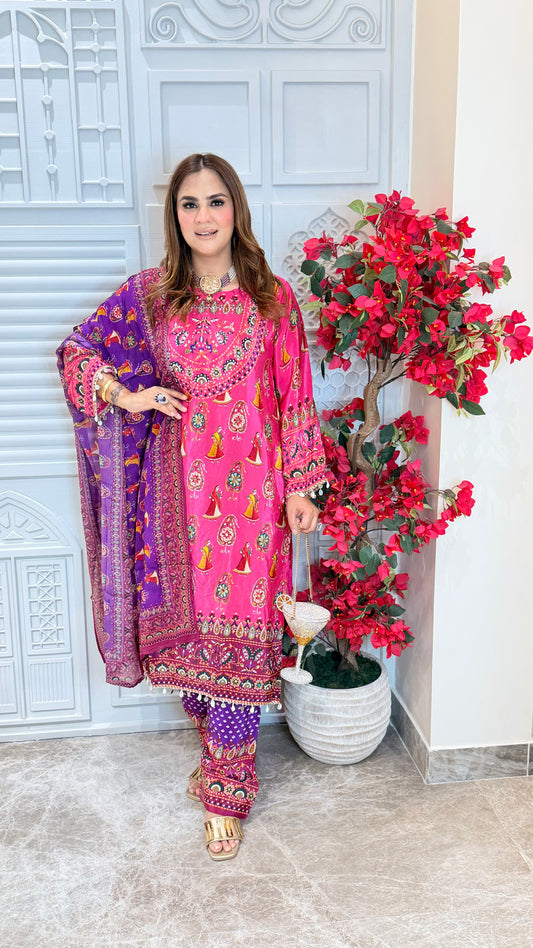 Elegant pink and purple printed crepe suit set PC3497