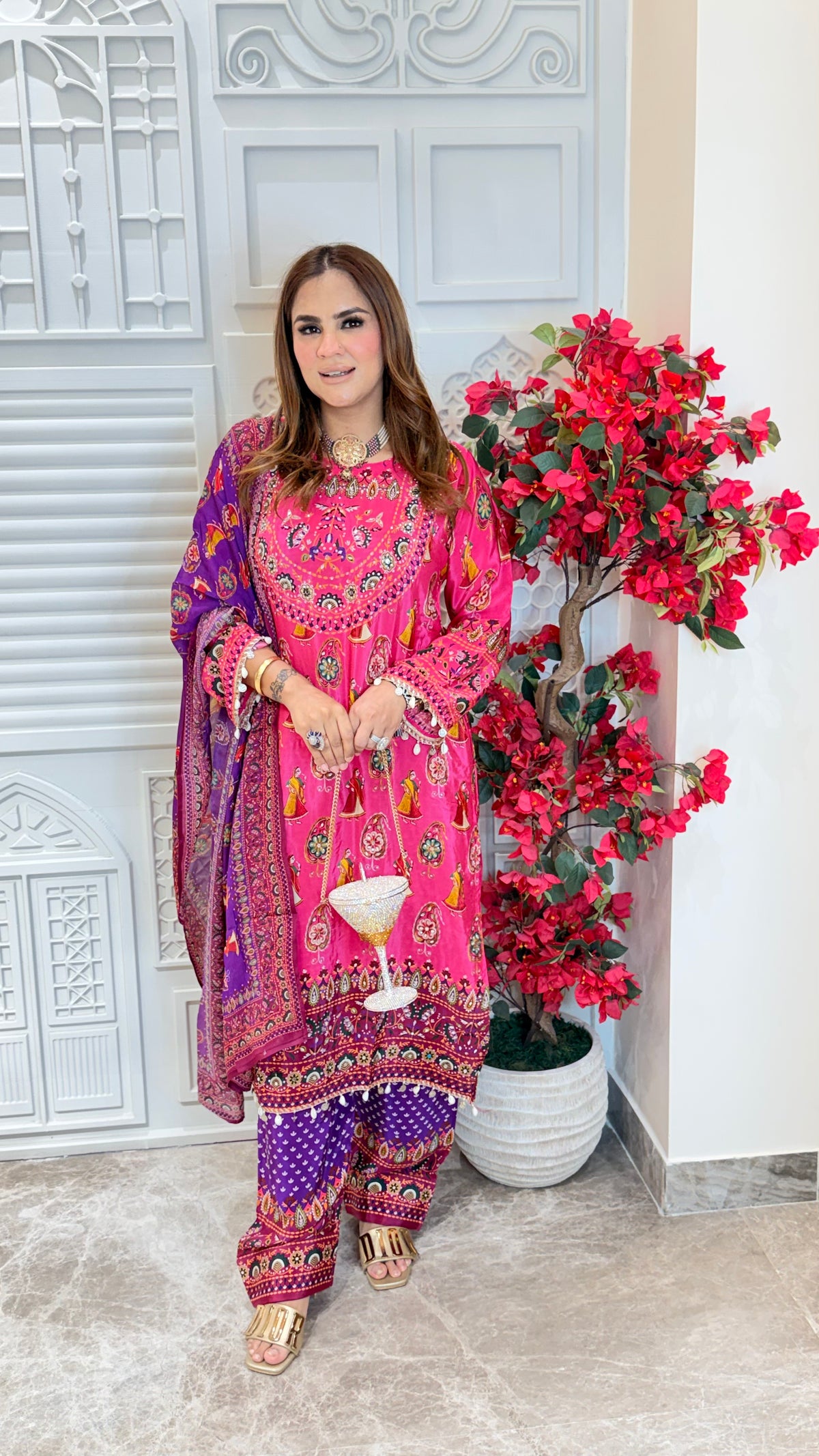 Elegant pink and purple printed crepe suit set PC3497