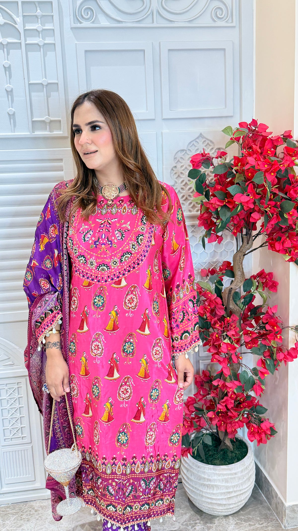 Elegant pink and purple printed crepe suit set PC3497