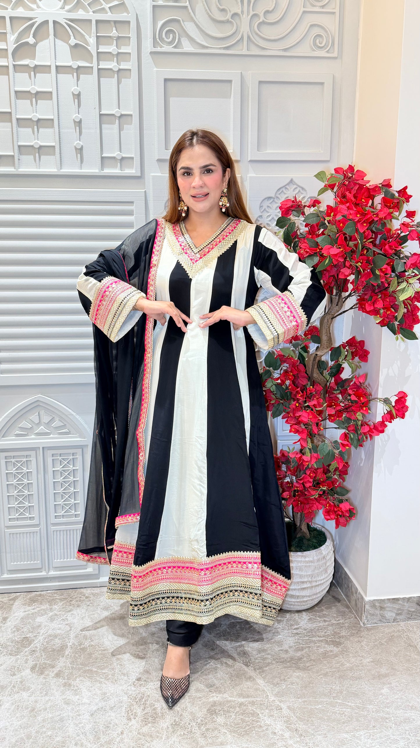 Elegant three-piece black and white striped crepe set PC3481