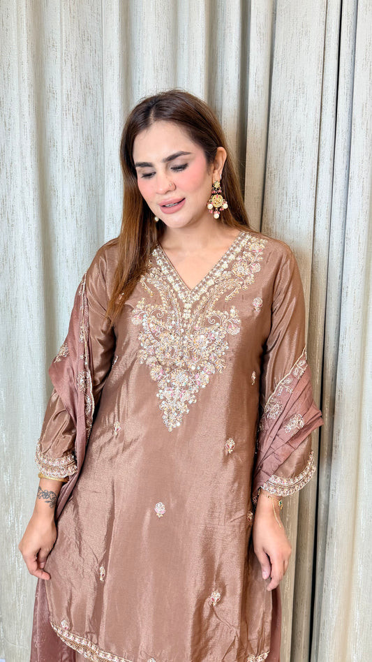 Elegant brown shimmer tissue silk sharara set PC3482