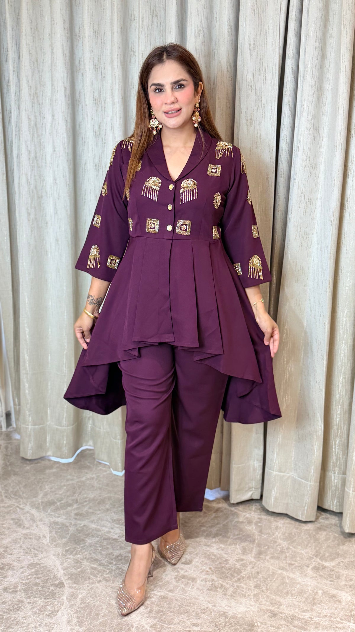 Elegant high-low peplum top and matching trousers set PC3483
