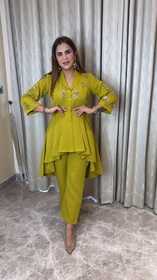 Elegant high-low peplum top and matching trousers set PC3483