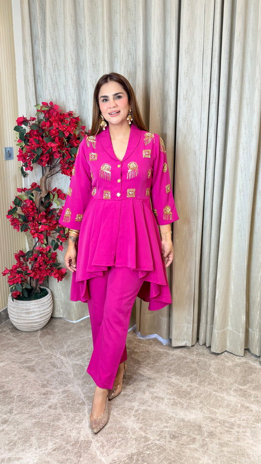 Elegant high-low peplum top and matching trousers set PC3483