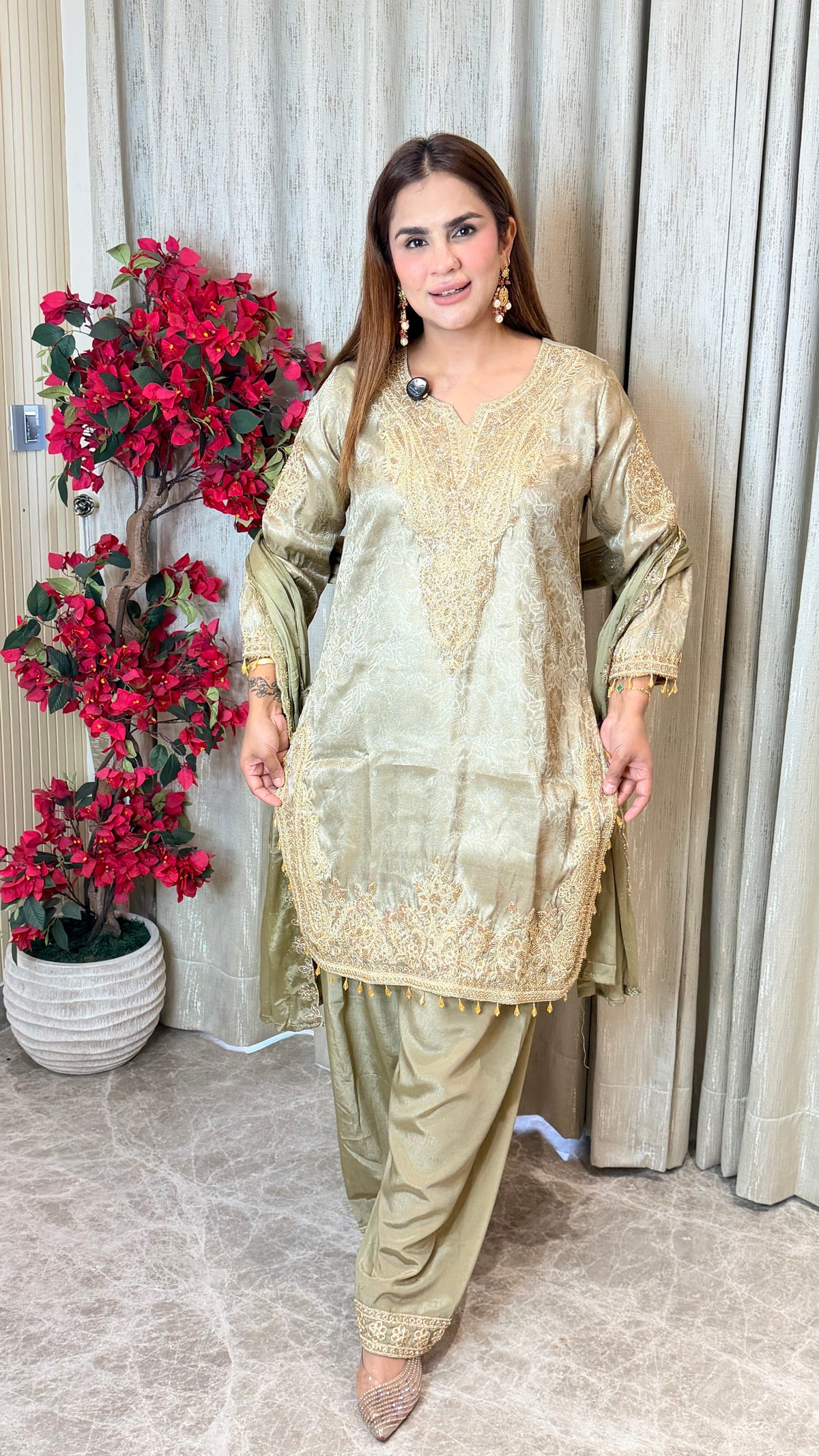 Elegant metallic olive-green shimmer tissue silk salwar suit set PC3484