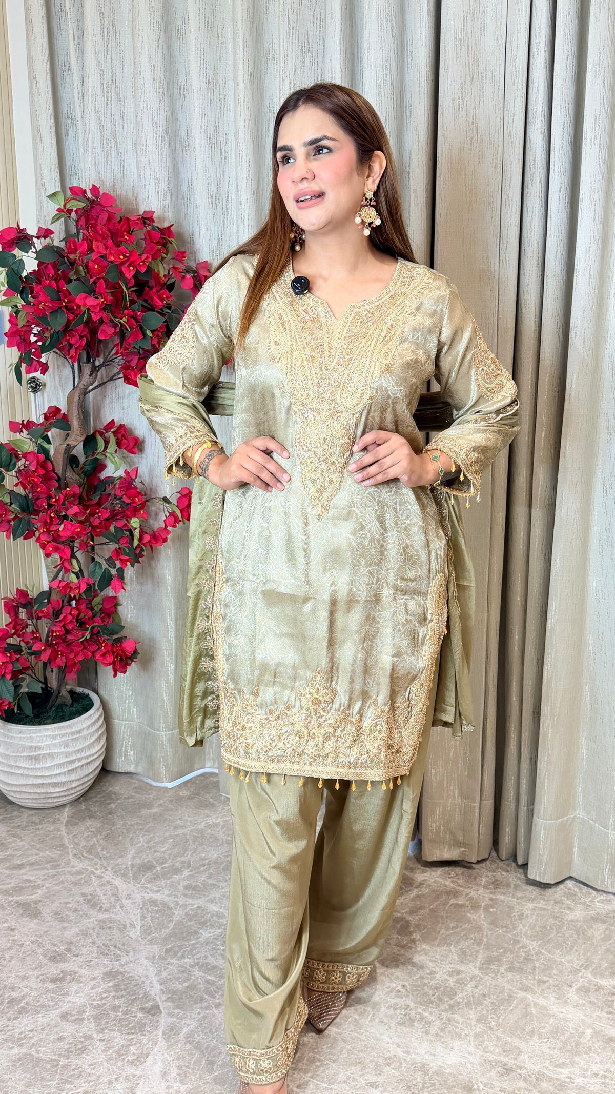 Elegant metallic olive-green shimmer tissue silk salwar suit set PC3484