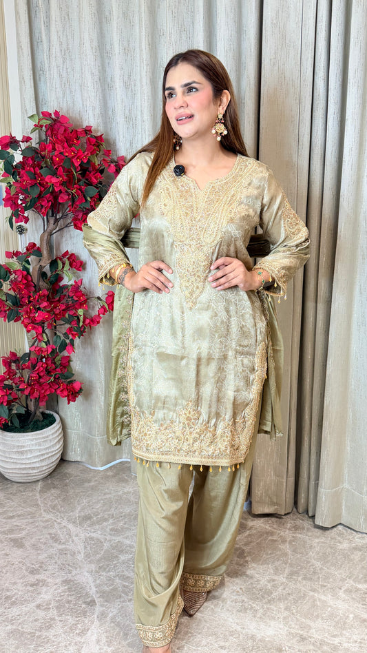 Elegant metallic olive-green shimmer tissue silk salwar suit set PC3484