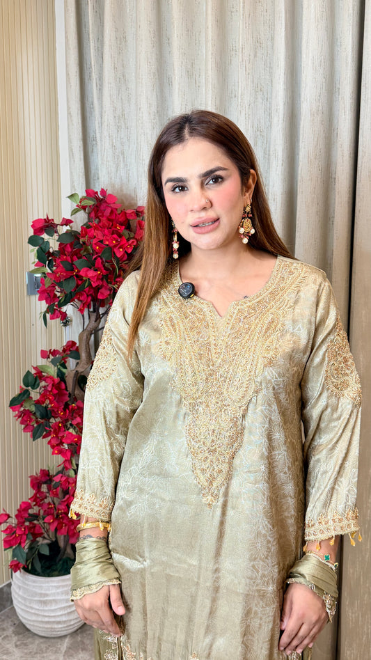 Elegant metallic olive-green shimmer tissue silk salwar suit set PC3484
