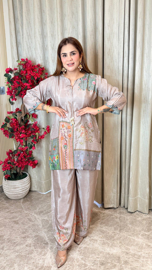 Elegant glossy grey crepe co-ord set PC3485