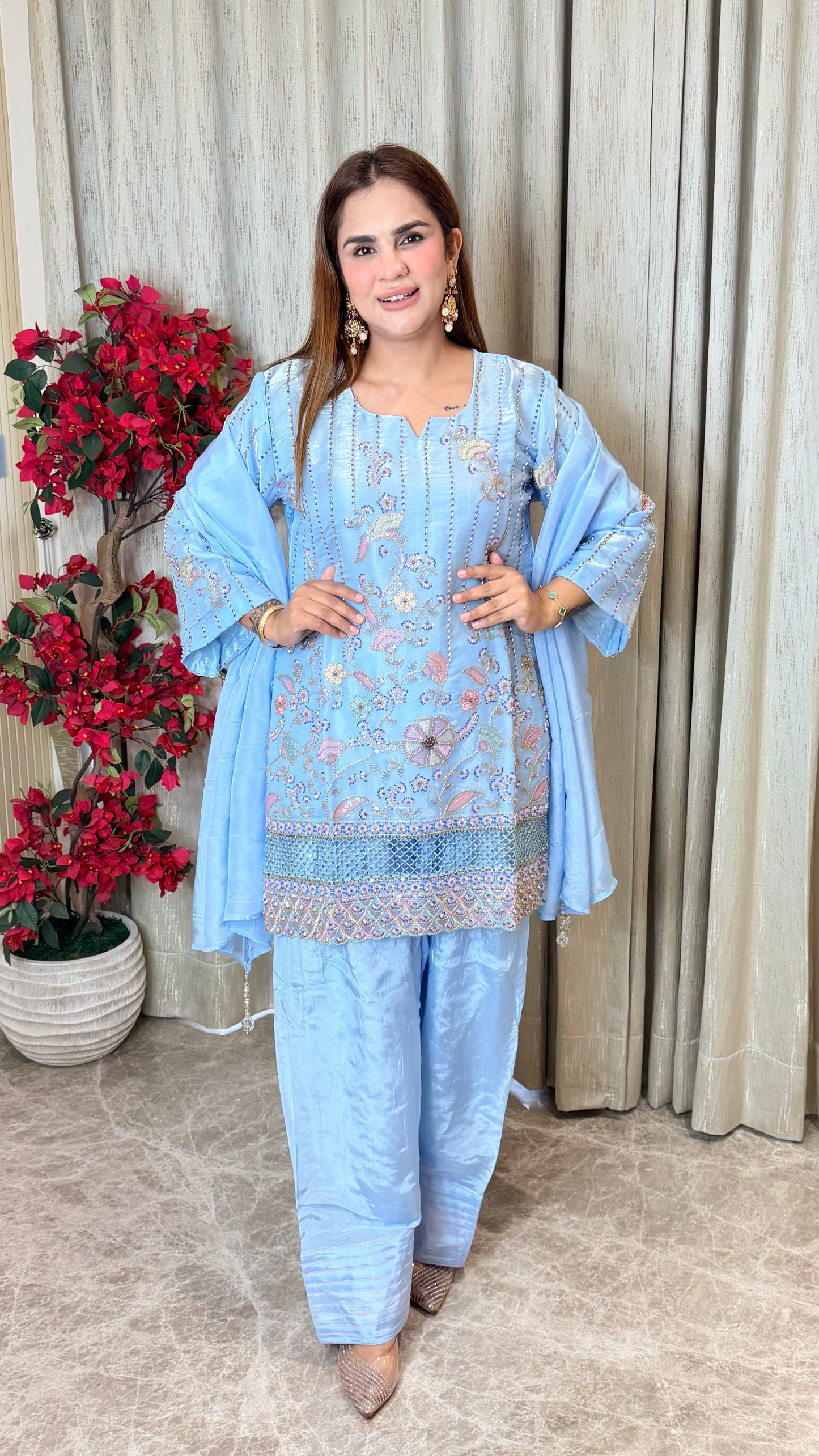 Elegant embroidered three-piece ethnic suit set PC3486