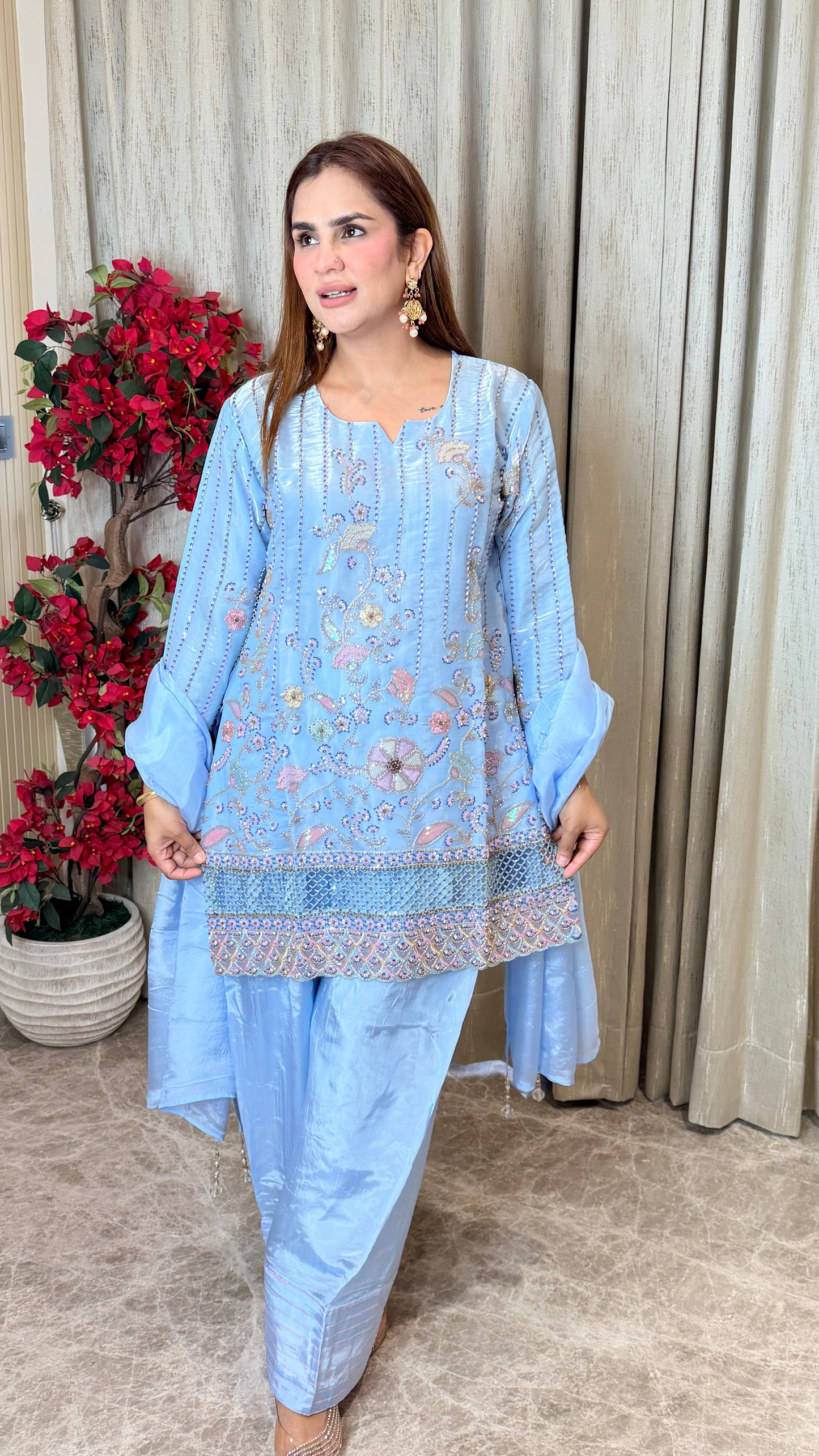 Elegant embroidered three-piece ethnic suit set PC3486
