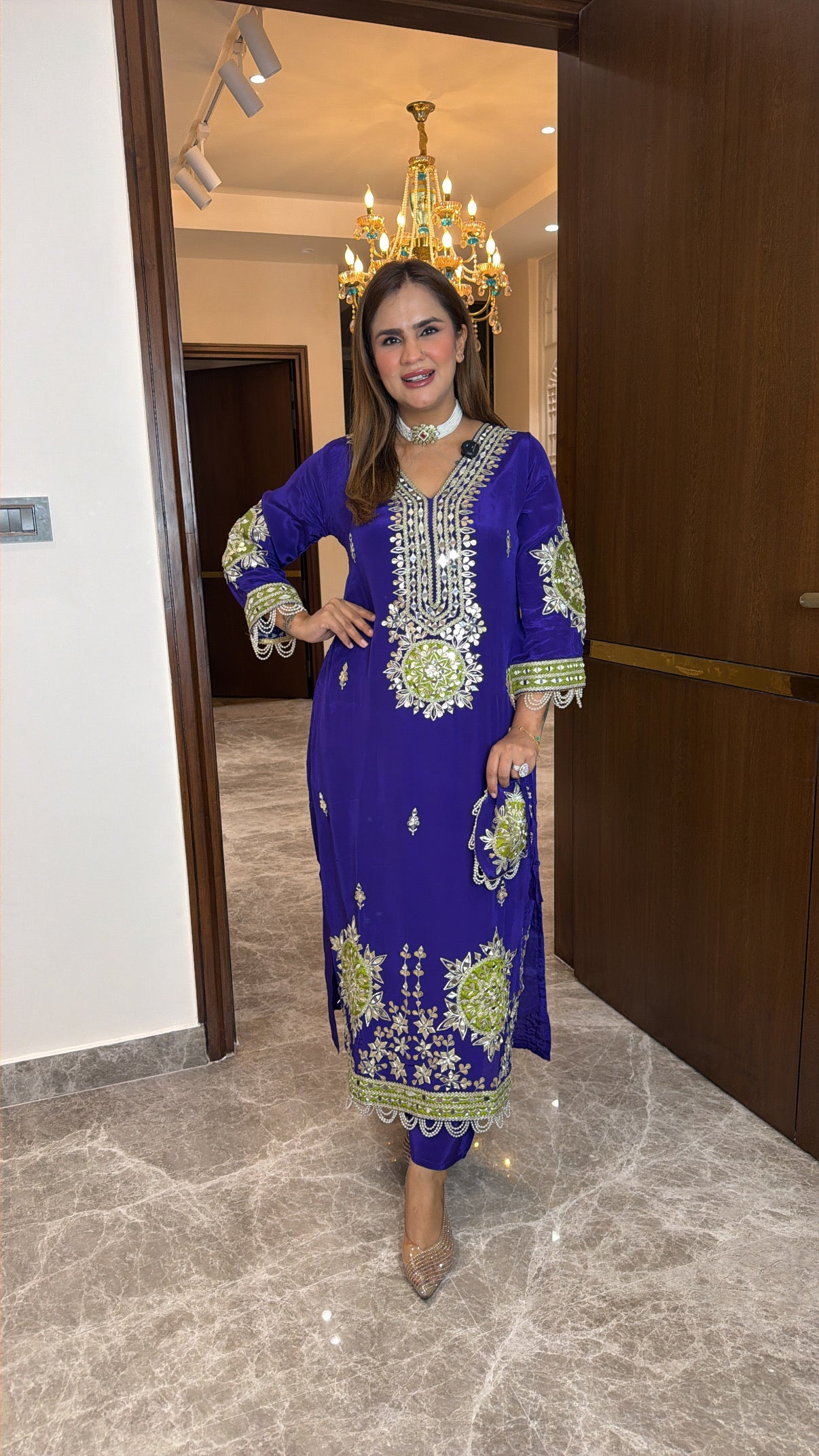 Elegant royal blue crepe long tunic set PC3502