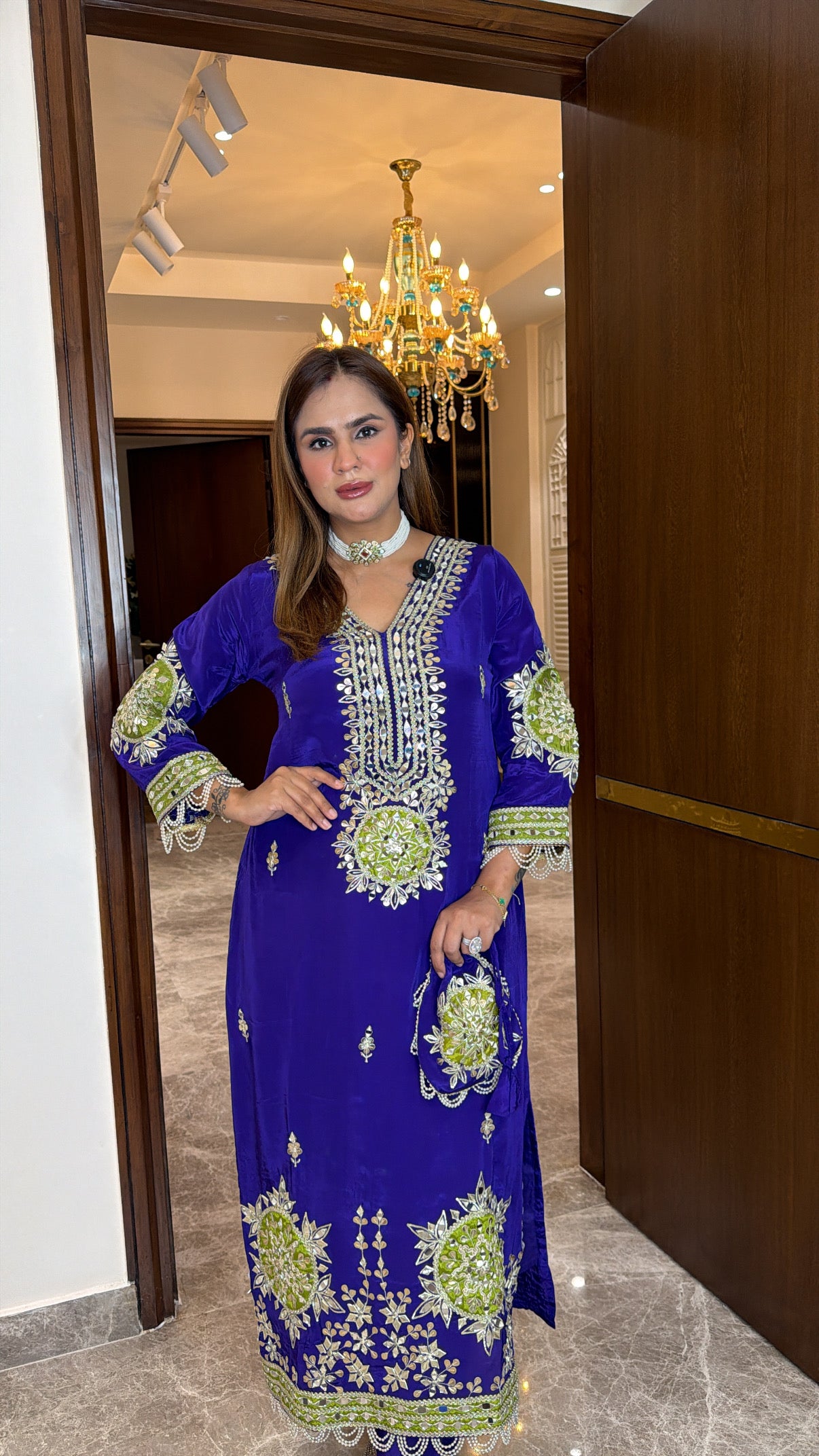 Elegant royal blue crepe long tunic set PC3502