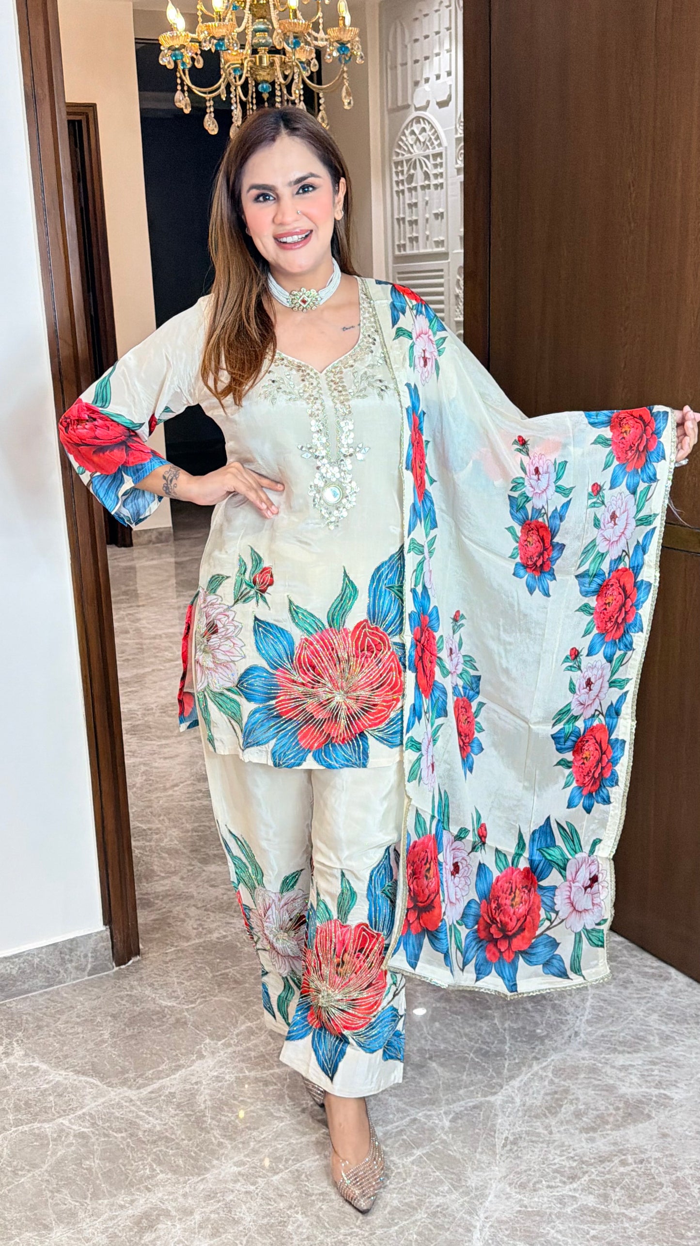 Elegant off-white floral printed silk crepe kurta and pant set PC3508