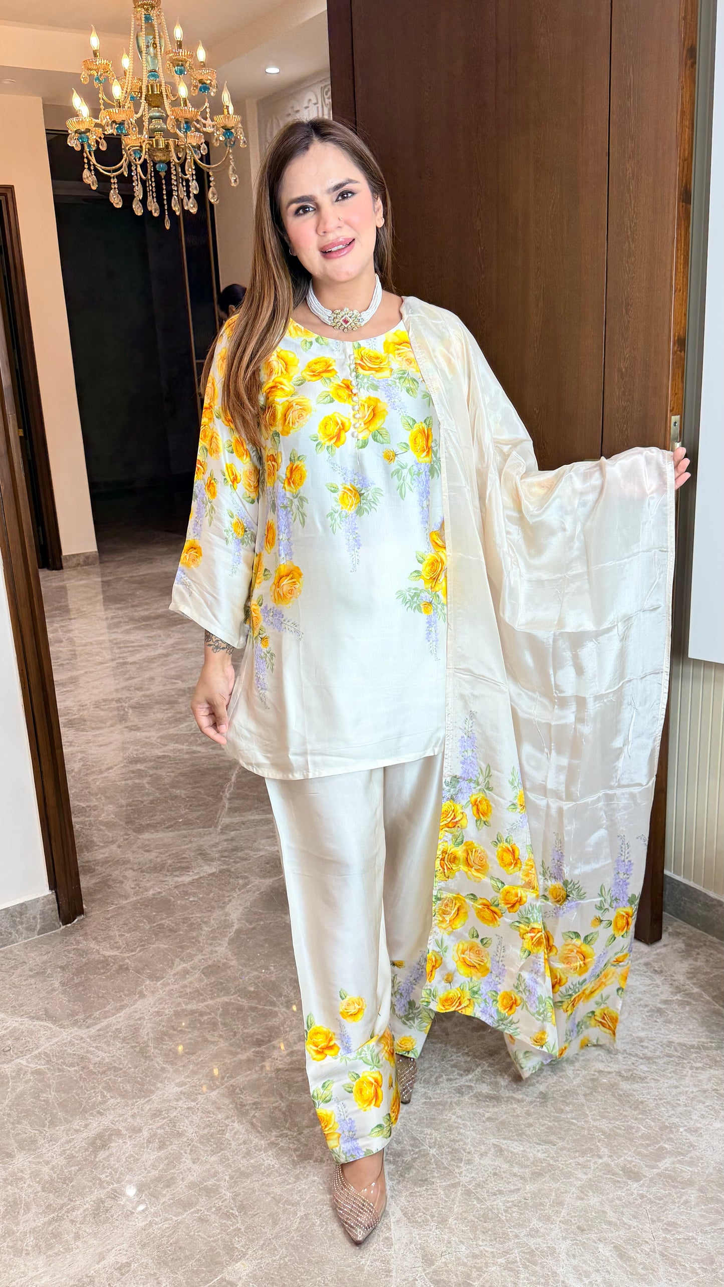 Beautiful elegant ivory satin digital-print suit PC3505